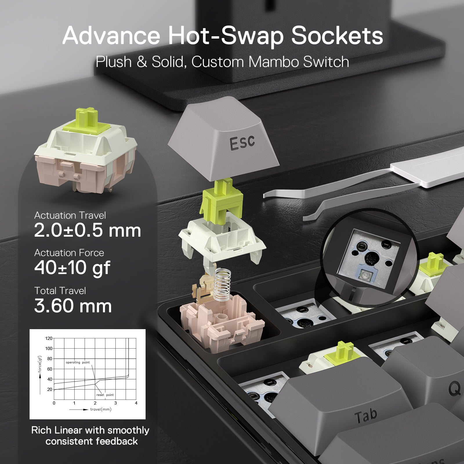 This graphic details the keyboard’s advanced hot-swap sockets: it shows the custom Mambo switch (with actuation specs) and a close-up of the socket, plus a force-travel diagram.