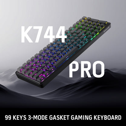The K744 PRO 99-key 3-mode gasket gaming keyboard is displayed against a sleek, dark backdrop, showcasing its vibrant RGB backlighting and compact design.