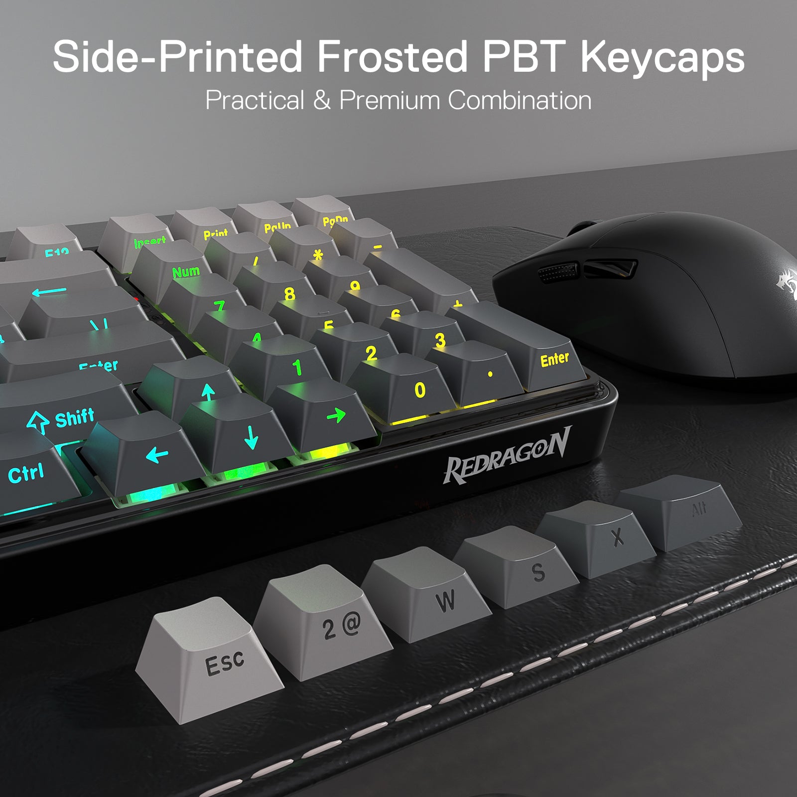 The keyboard’s side-printed frosted PBT keycaps are showcased (with some removed), emphasizing their premium, durable design and compatibility with RGB backlighting.