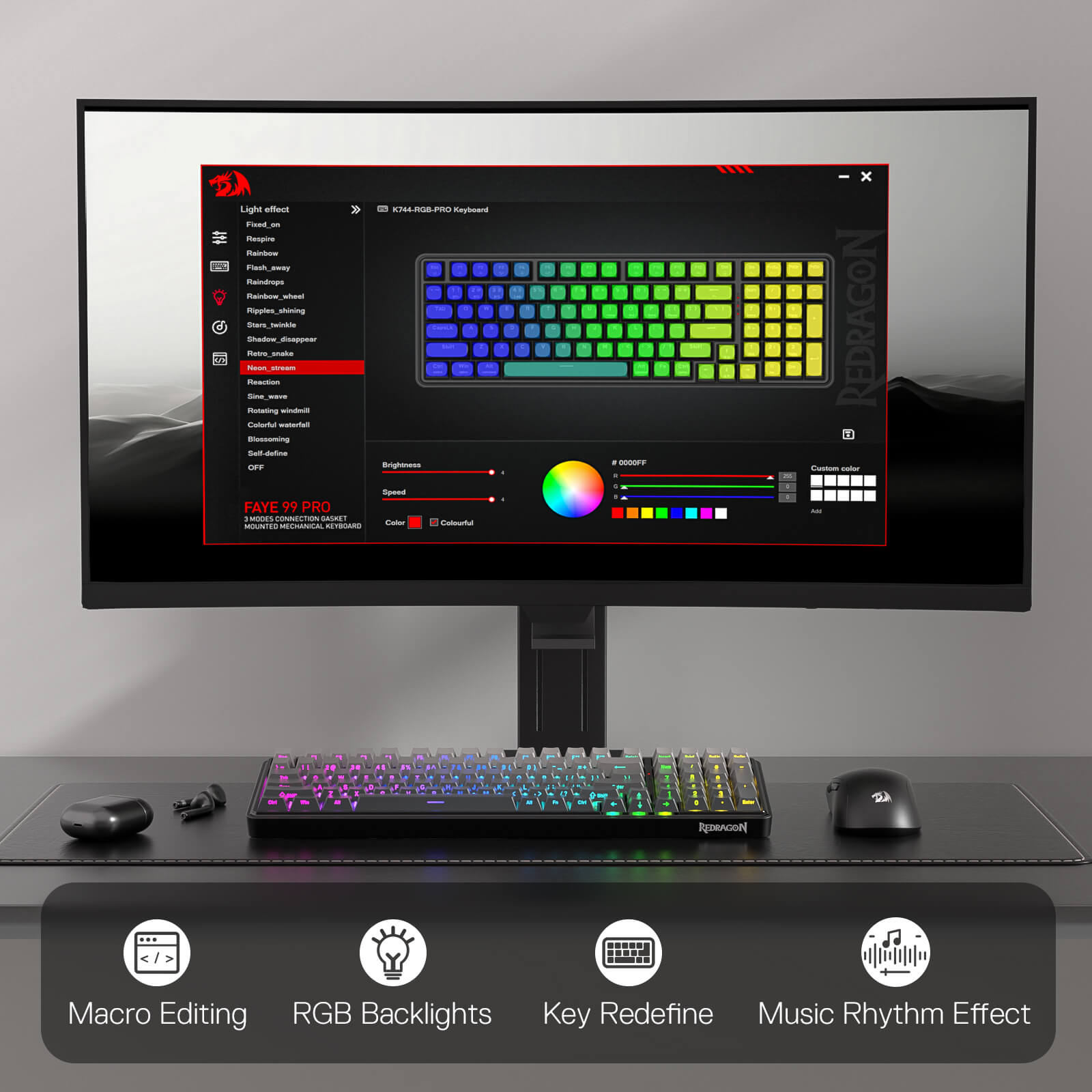 Redragon FAYE K744 PRO 99 Keys Wireless Gasket Mechanical Keyboard