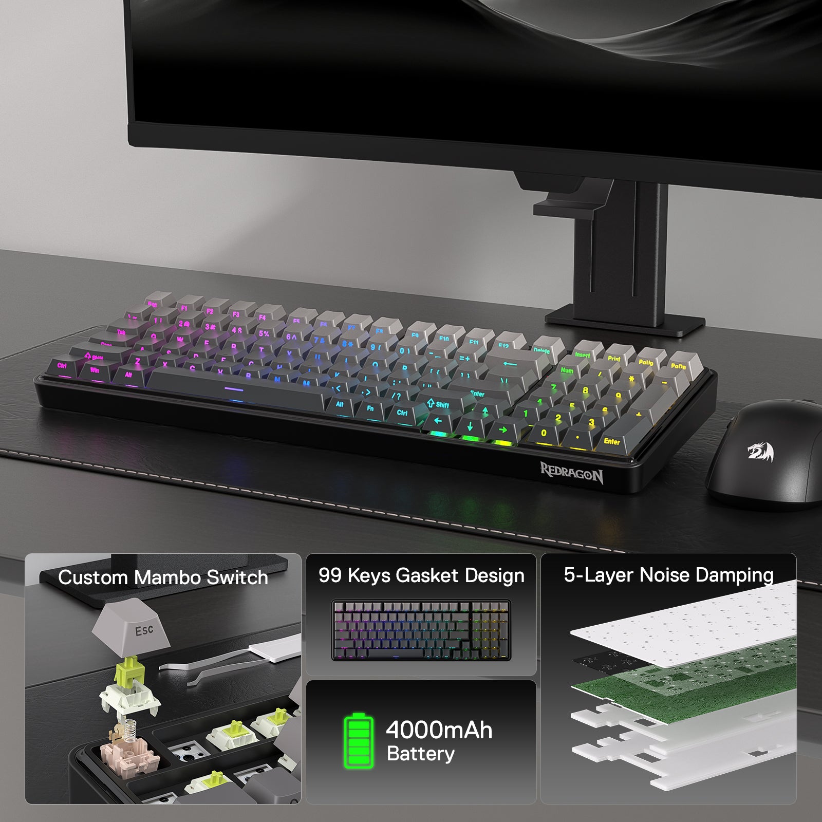 A lit K744 PRO keyboard is shown on a desk, with inset panels detailing its custom switches, 99-key gasket design, 4000mAh battery, and 5-layer noise damping structure.