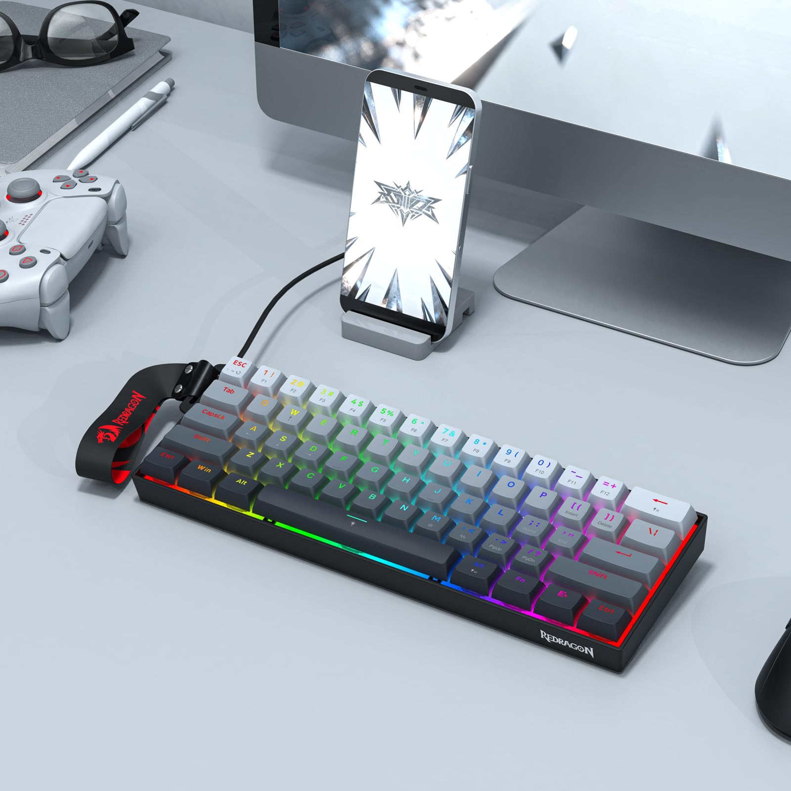 Redragon K617 HE Rapid Trigger Gaming Keyboard, 60% 61 Keys Wired Mechanical Keyboard w/Adjustable Hyper-Fast Actuation, Dedicated Hall Effect Magnetic Switch, PBT Gradient Keycap Strap Version