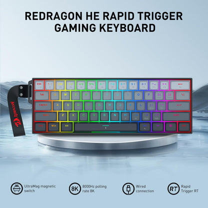Redragon K617 HE Rapid Trigger Gaming Keyboard, 60% 61 Keys Wired Mechanical Keyboard w/Adjustable Hyper-Fast Actuation, Dedicated Hall Effect Magnetic Switch, PBT Gradient Keycap Strap Version
