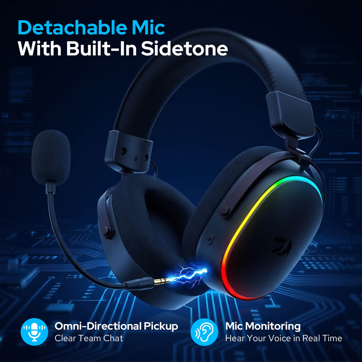 Redragon H831 4-Mode Wireless Gaming Headset, Detachable Mic with Voice Monitoring