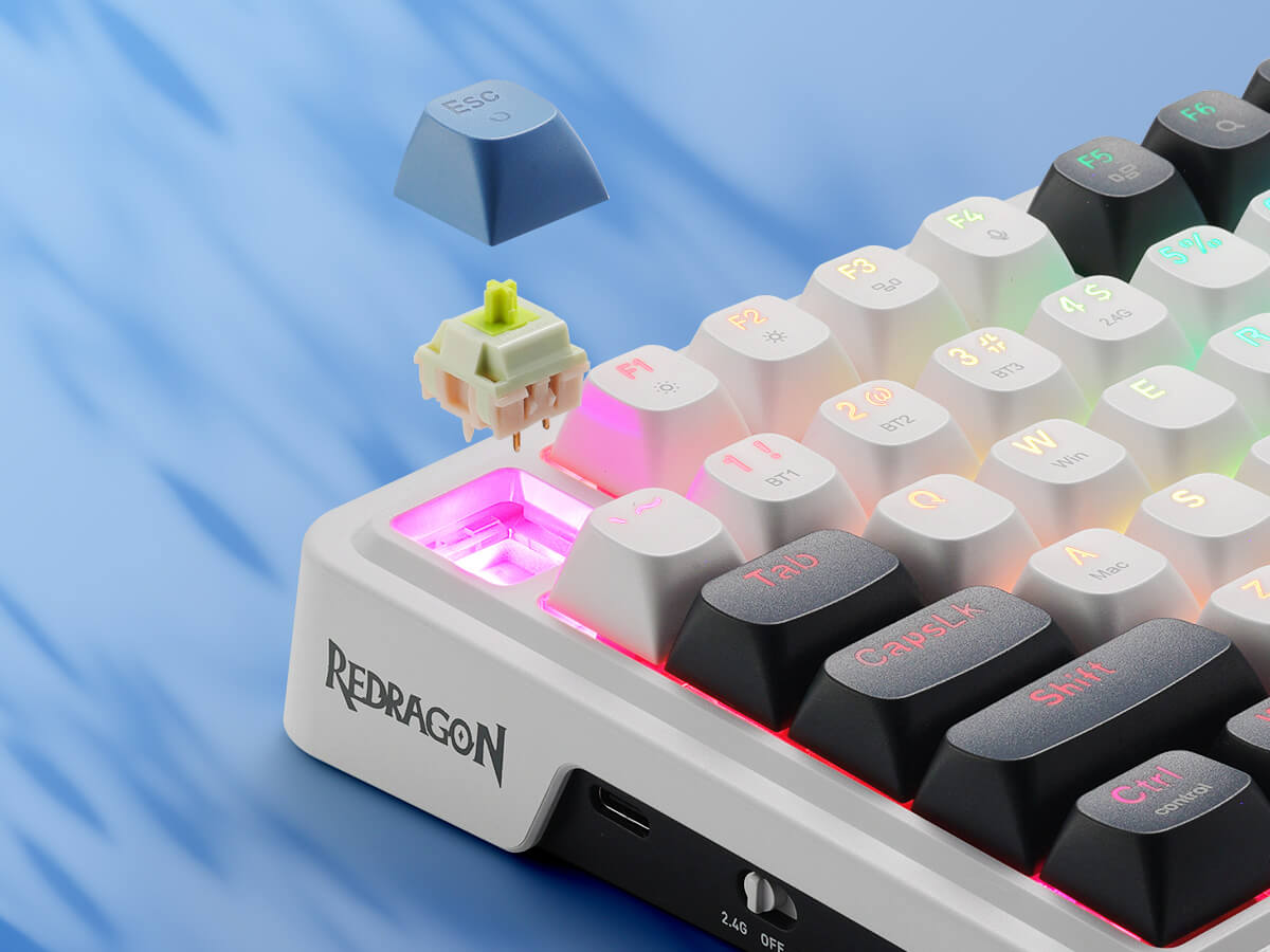 Keyboard with RGB lighting and a keycap on a blue gradient background, featuring the Redragon brand.