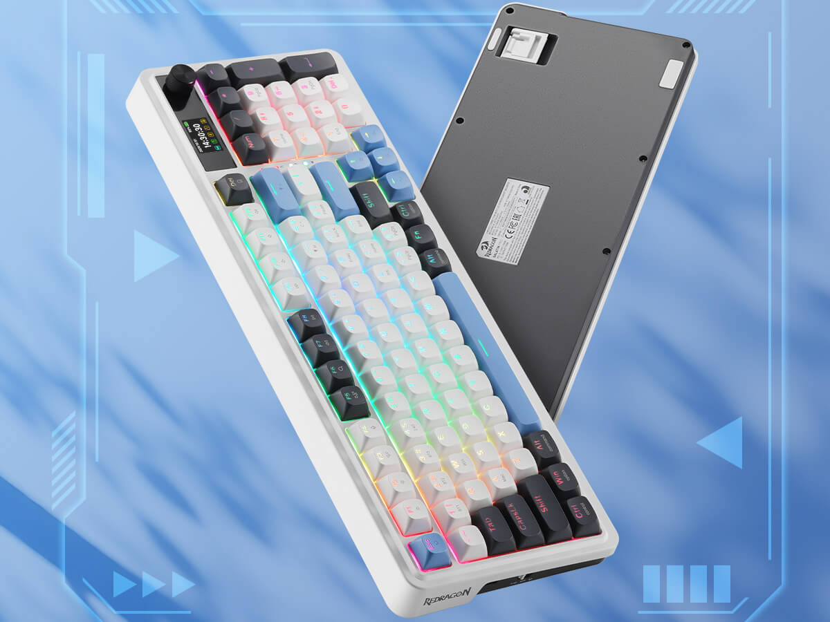 Mechanical keyboard with RGB lighting on a blue abstract background