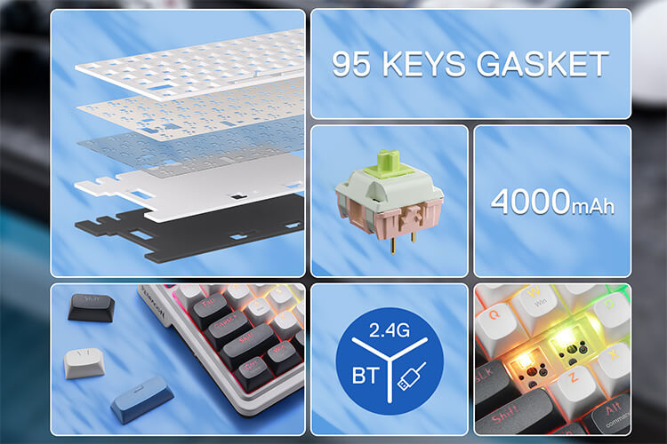 Collage of keyboard components and specifications on a blue background