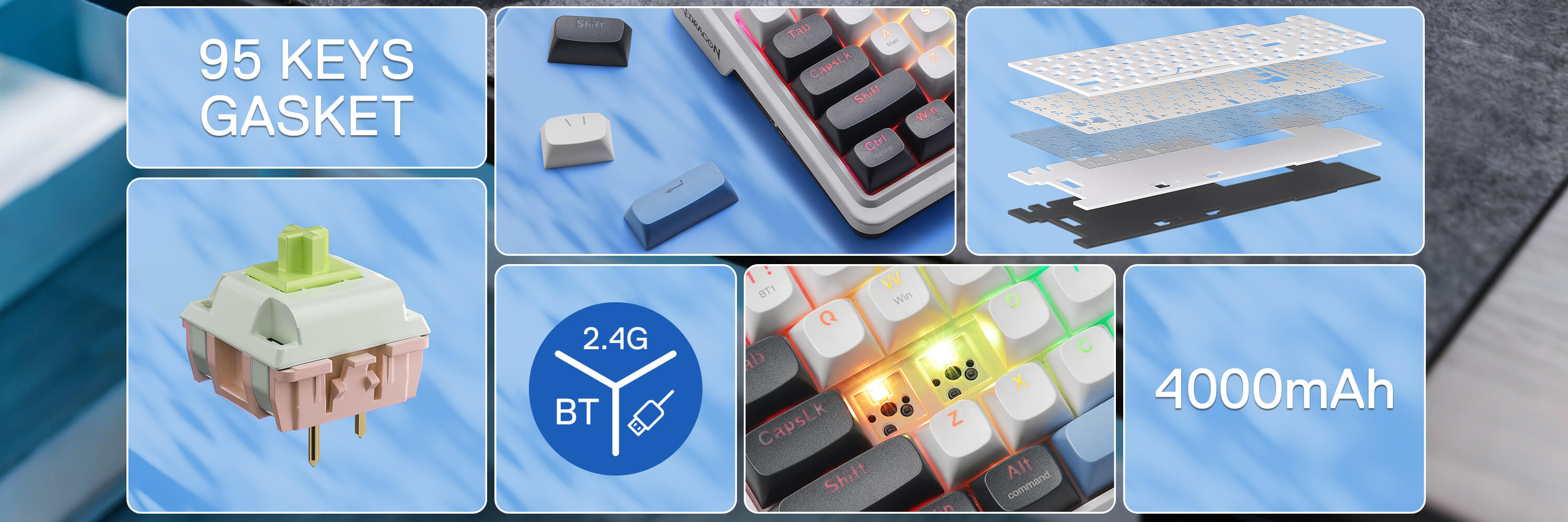 Product features including '95 Keys Gasket', '2.4G BT', and '4000mAh' on a blue background.