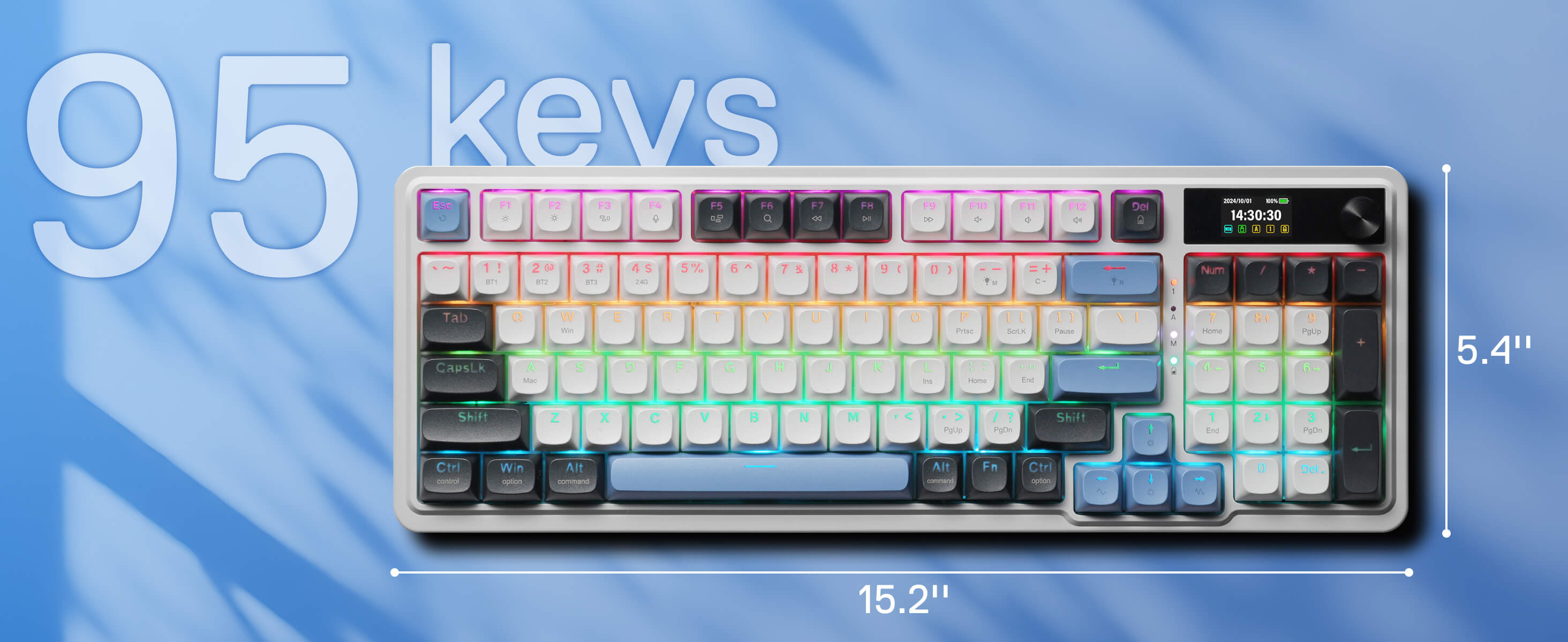 Keyboard with colorful keys on a blue gradient background, displaying dimensions.
