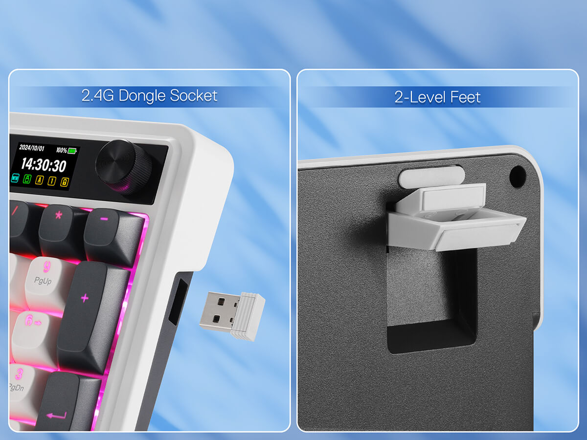 Keyboard with 2.4G Dongle Socket and 2-Level Feet on a blue gradient background