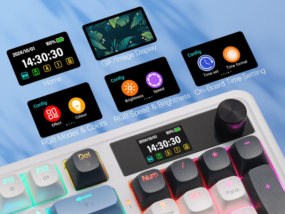 Gaming keyboard with digital display and RGB lighting on a blue gradient background