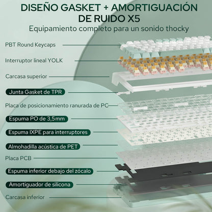 Teclado mecánico REDRAGON K719, distribución ES, RGB, 2,4 GHz/BT/con cable, interruptores Dragon Chant, blanco y verde
