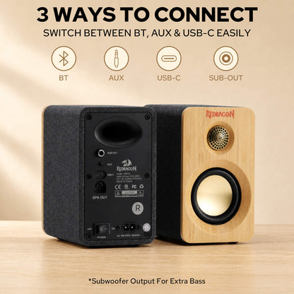 Redragon GS818 Multimedia Speaker, 60W Peak 2.0 Desktop Computer Speakers, Bluetooth 5.3, USB-C & AUX Input,