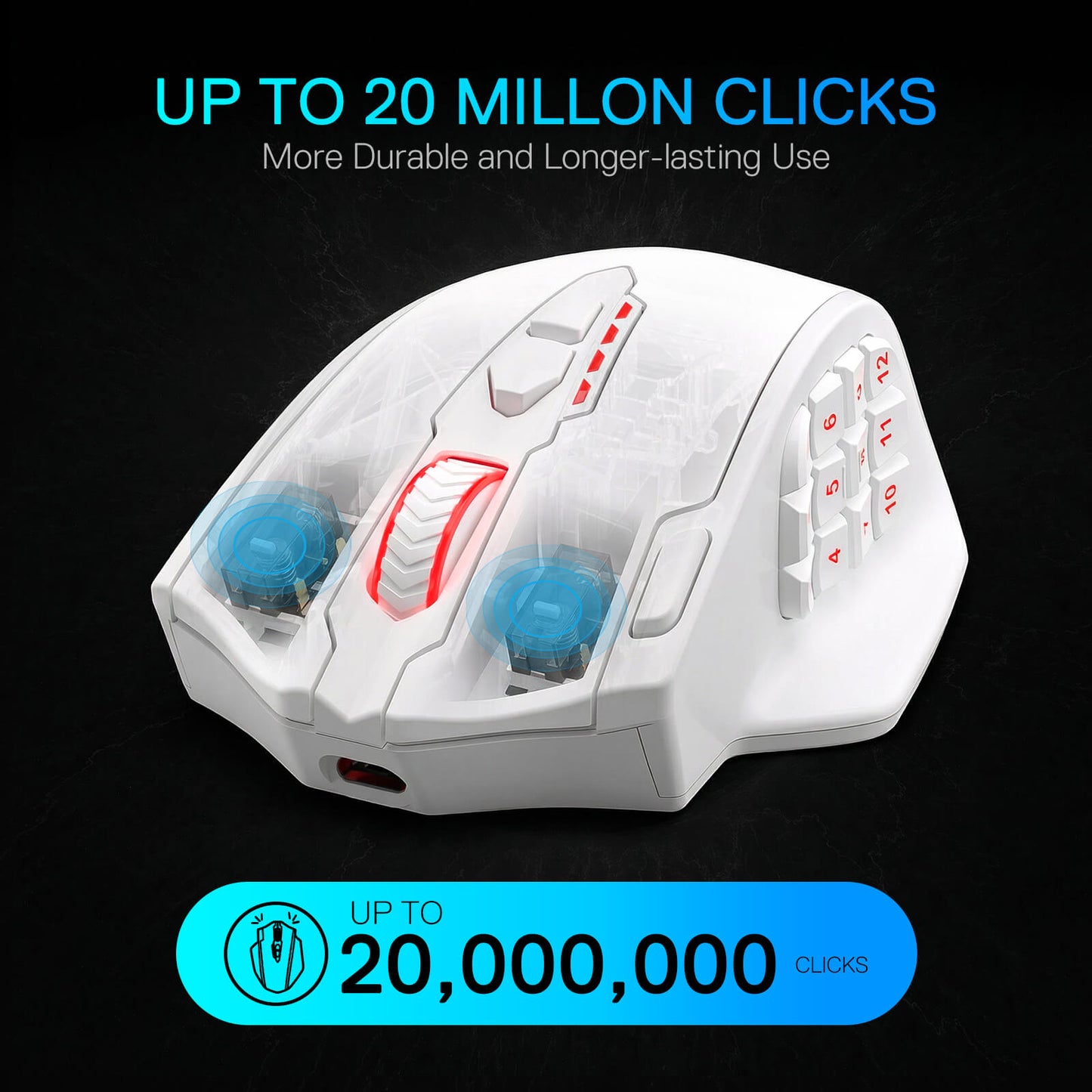 Redragon M913 MAX Wireless Gaming Mouse, 26000 DPI MMO Optical Mouse with 16 Programmable Buttons, BT & 2.4G Wireless, Software Supports DIY Keybinds, White