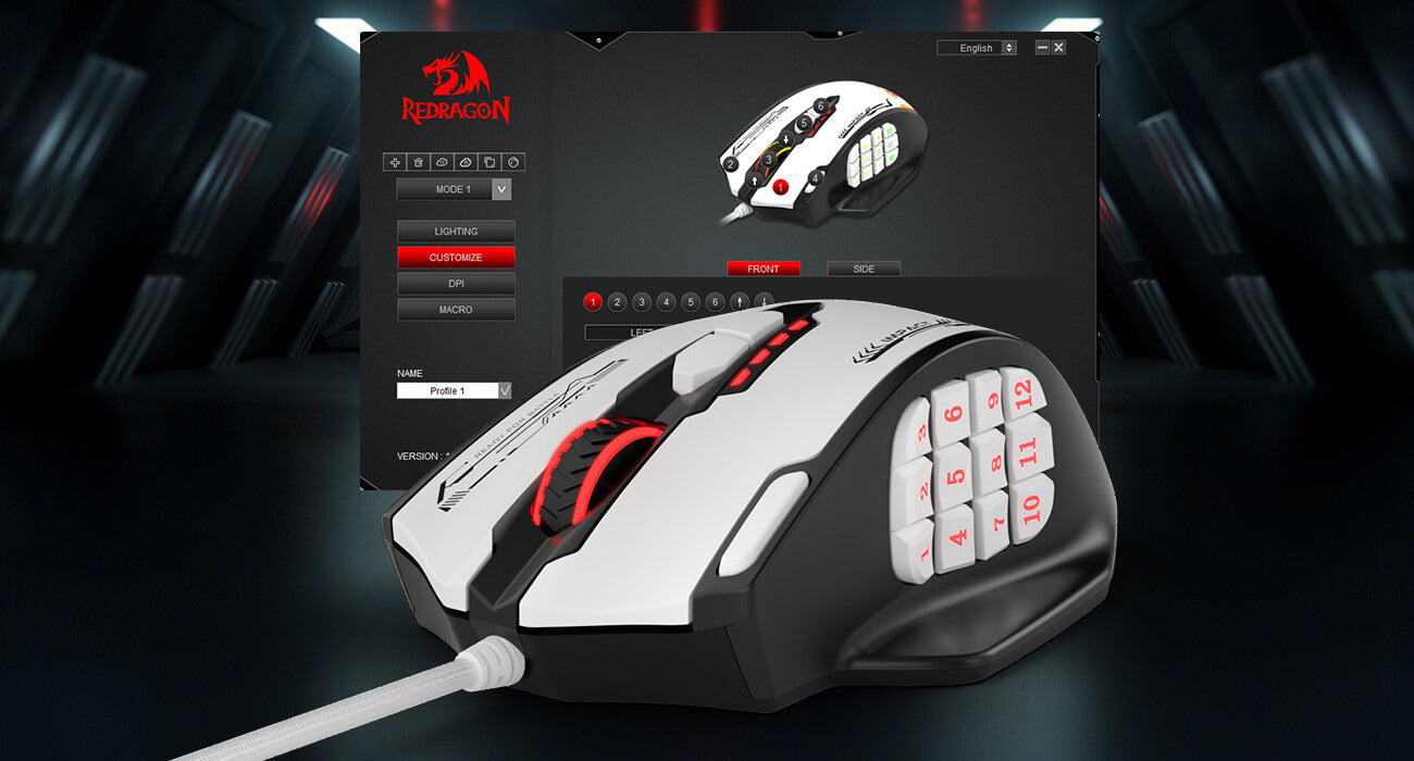White gaming mouse with red accents on a dark background, featuring a software interface in the background.