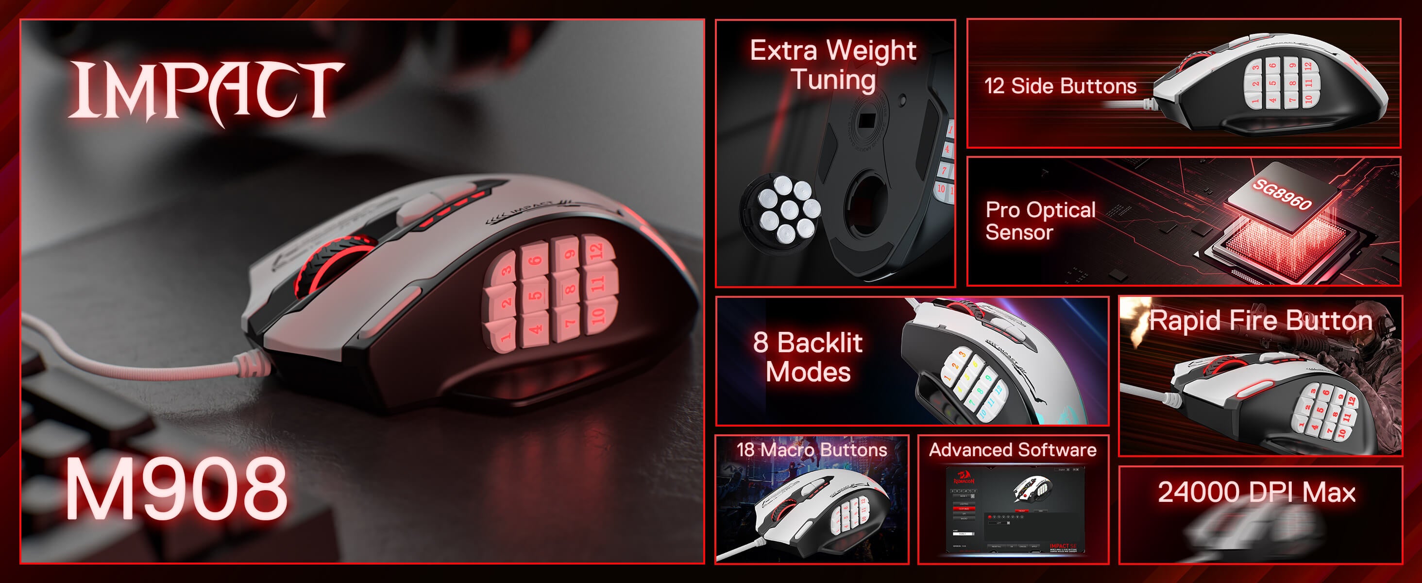 Redragon M908 IMPACT Gaming mouse with features highlighted on a dark background