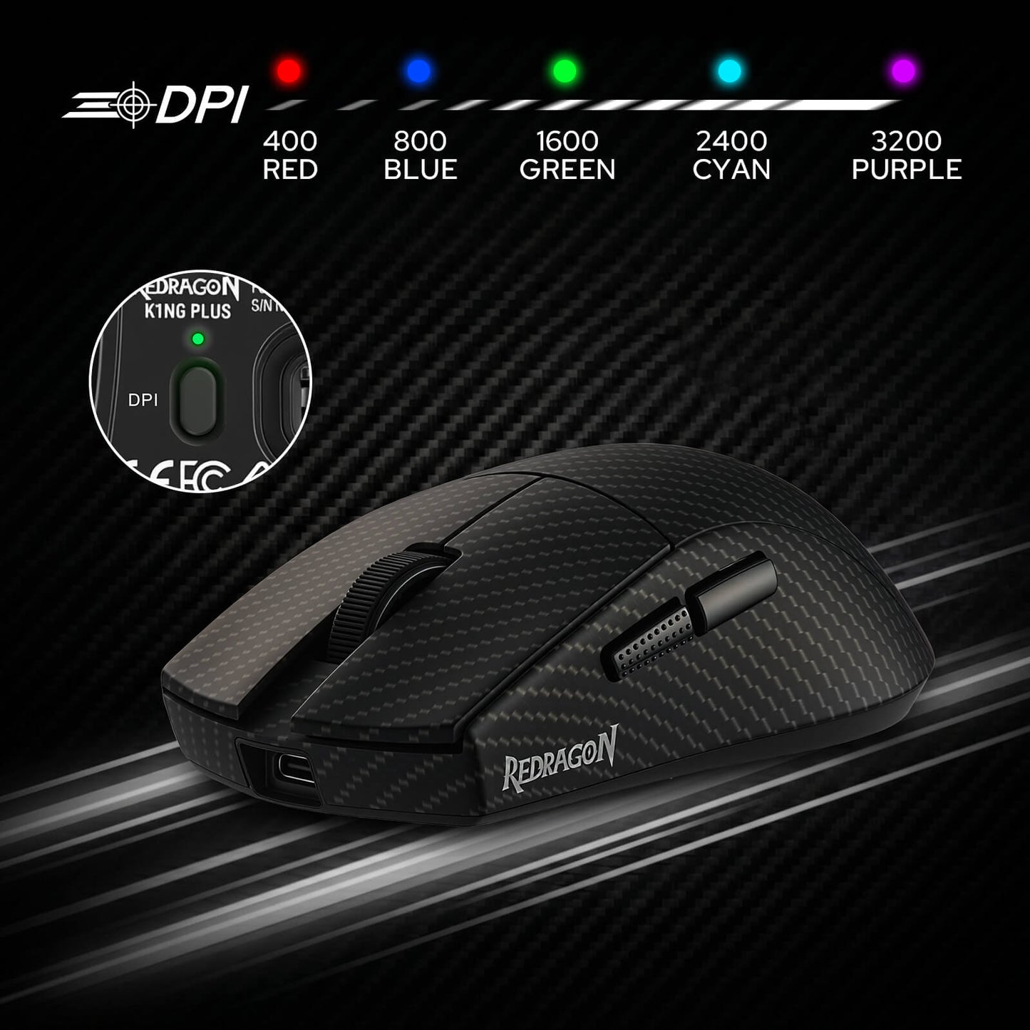 Redragon M916 Plus Carbon Fiber Tri-Mode Gaming Mouse, 49G Ultra-Light 45K DPI Mouse w/Ergonomic Natural Grip Build, Full Programmable Buttons, Software Supports DIY Keybinds & DPI
