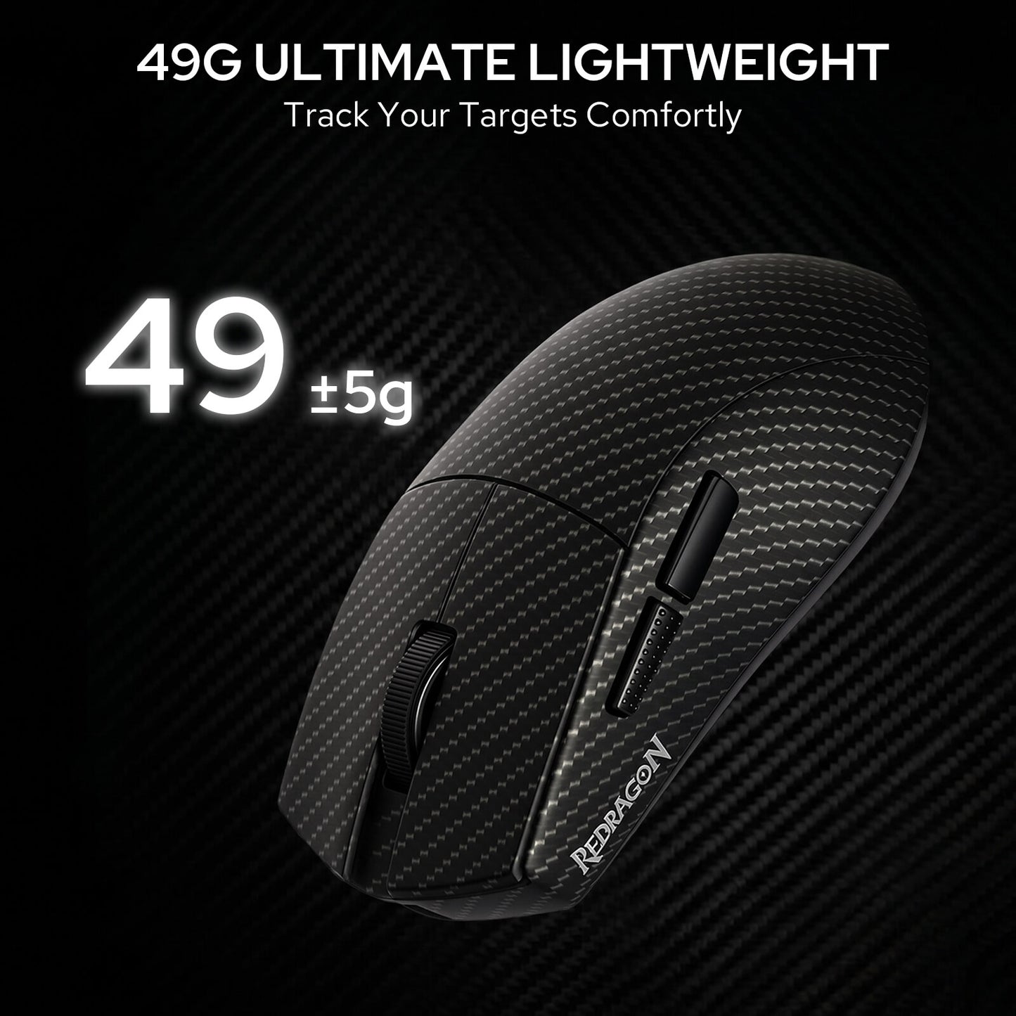Redragon M916 Plus Carbon Fiber Tri-Mode Gaming Mouse, 49G Ultra-Light 45K DPI Mouse w/Ergonomic Natural Grip Build, Full Programmable Buttons, Software Supports DIY Keybinds & DPI