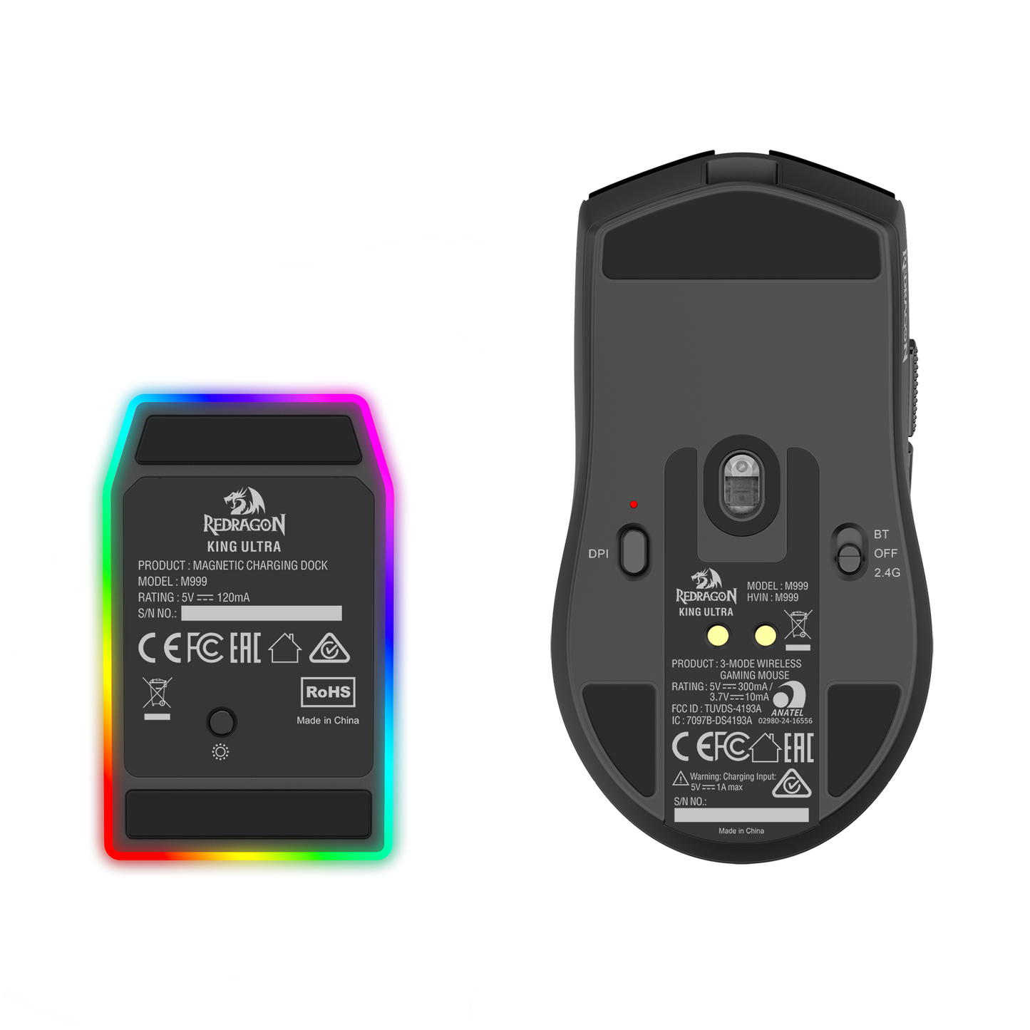 Redragon M999 Wireless Gaming Mouse, Tri-Mode Mouse with RGB Magnetic Charging Dock, 45000 DPI MAX Adjustable, 4 Programmable Buttons, Ergonomic Design for PC Laptop Mac