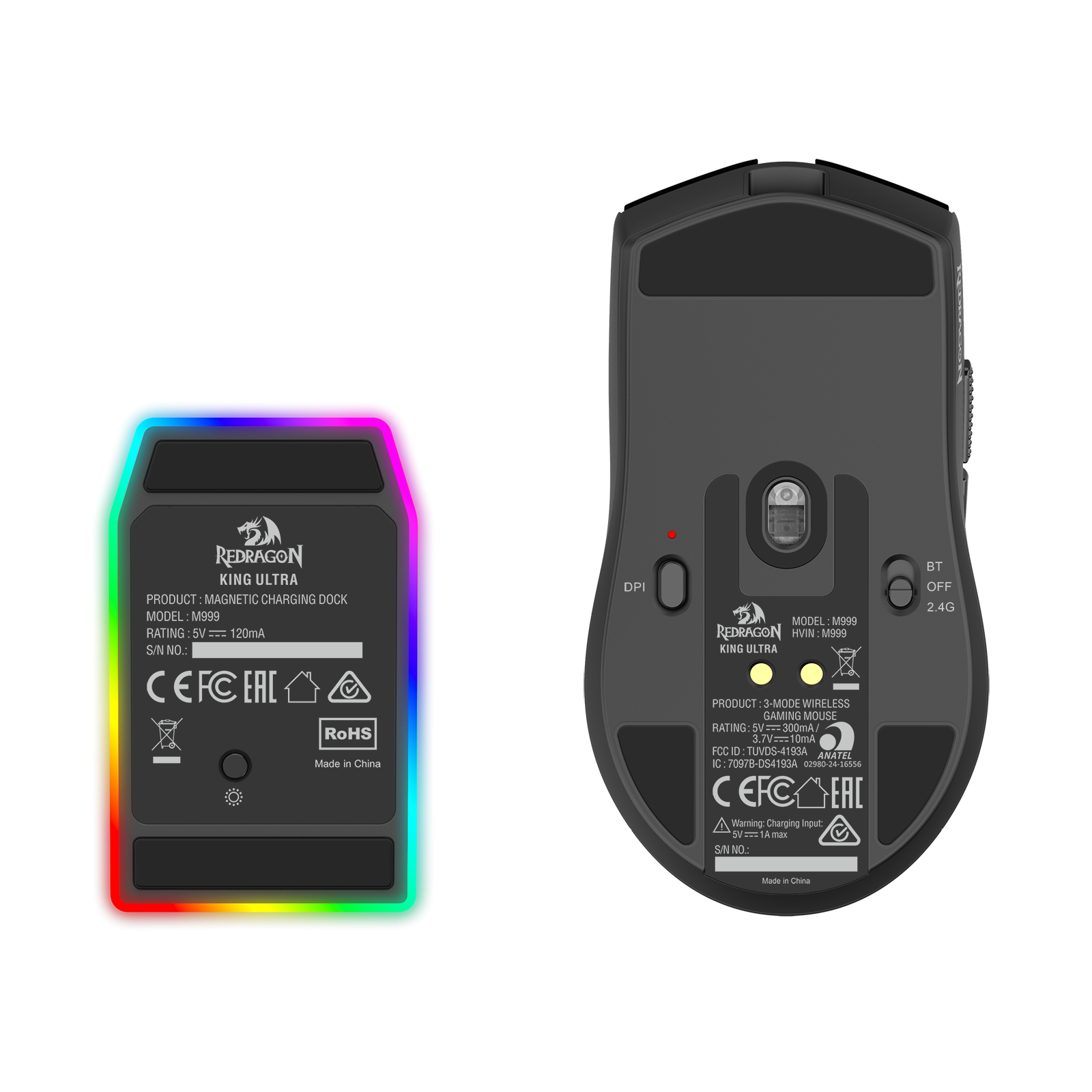 Redragon M999 Wireless Gaming Mouse, Tri-Mode Mouse with RGB Magnetic Charging Dock, 45000 DPI MAX Adjustable, 4 Programmable Buttons, Ergonomic Design for PC Laptop Mac