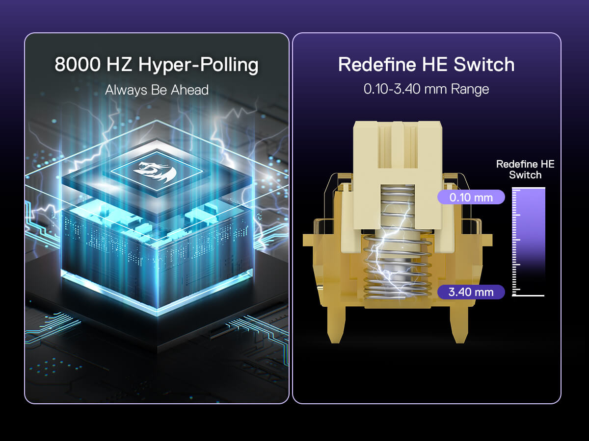 Two technical illustrations side by side on a dark background, one of a high-frequency electronic component and the other of a mechanical switch.