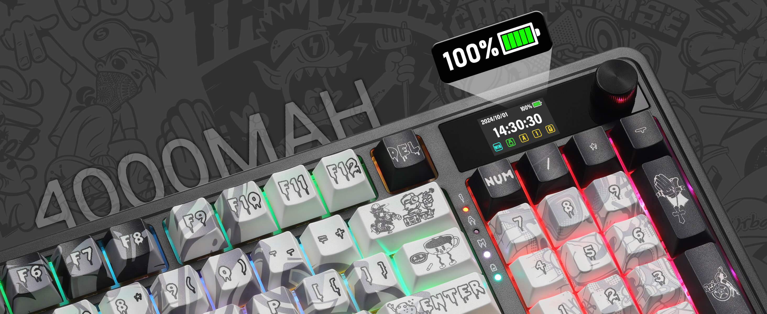 Mechanical keyboard with a battery indicator showing 100% charge on a dark background.