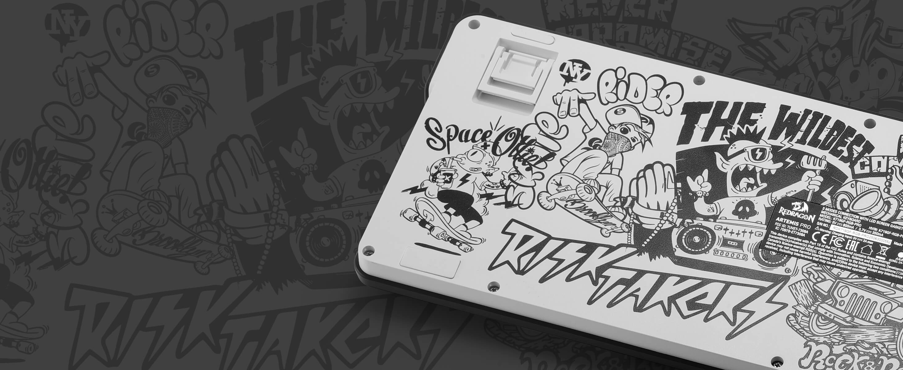 Product with black and white graphics and text on a dark background