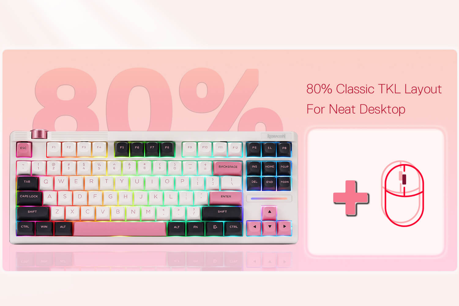 Keyboard with colorful keycaps on a pink background with text about layout and accessories.