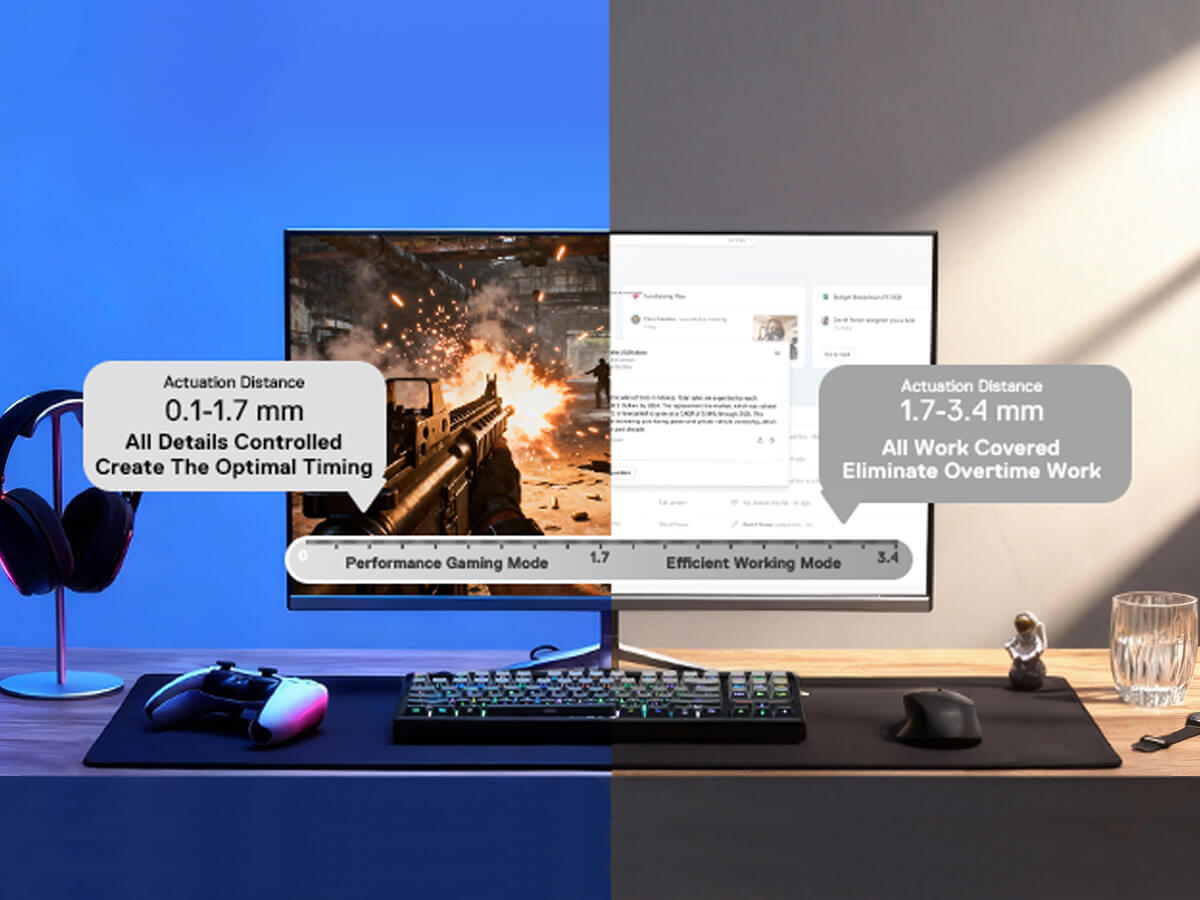 Gaming setup with monitor, keyboard, mouse, and headphones on a desk.