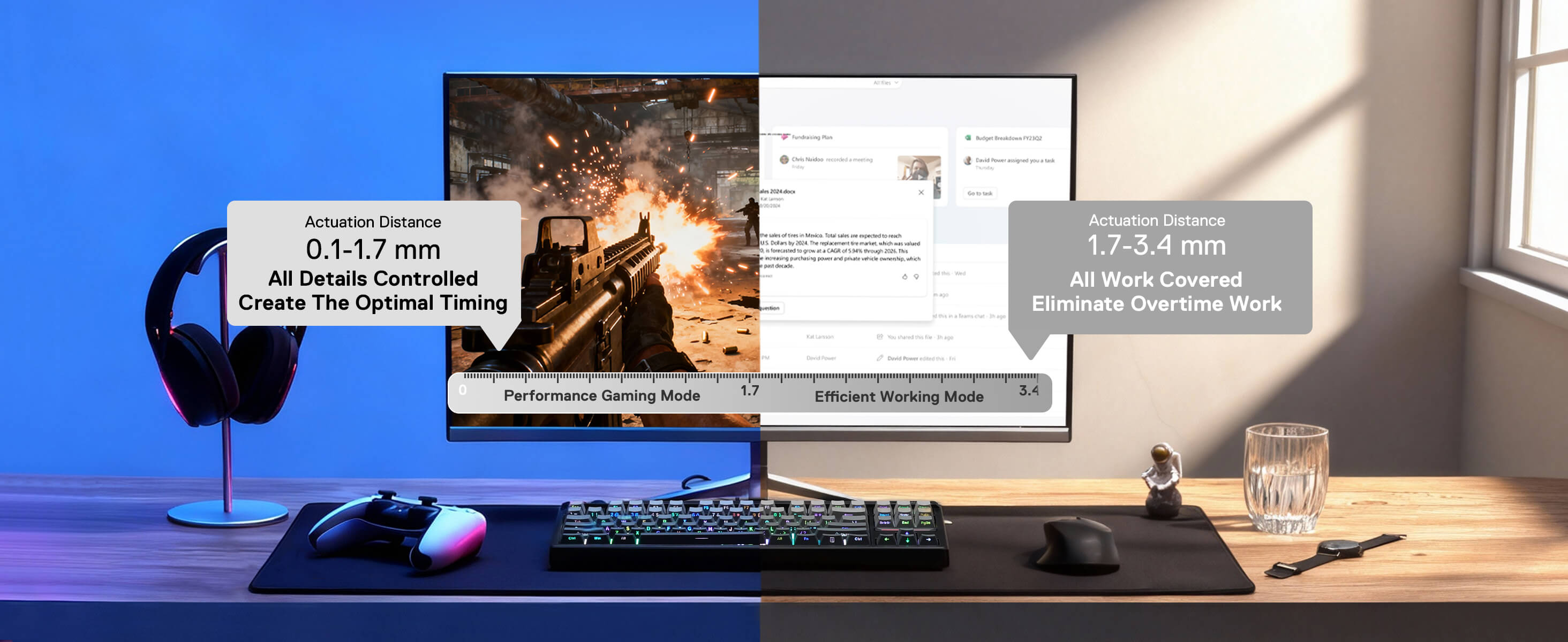 Modern office desk setup with computer equipment and motivational posters.