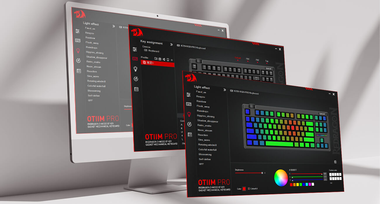 Computer monitor displaying a software interface with colorful keyboard settings on a gray background