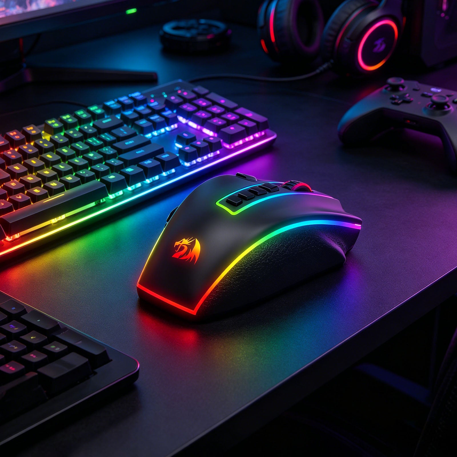 A gaming mouse with RGB rainbow lighting and a dragon logo, shown on a dark desk alongside a keyboard, controller, and headphones.