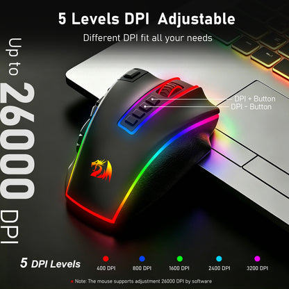A black gaming mouse with RGB rainbow lighting and a dragon logo, shown on a dark desk next to a laptop. Text highlights 5 levels of DPI adjustment up to 26000 DPI, with a color legend at the bottom showing the RGB color options.