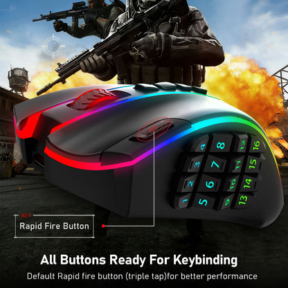 A black gaming mouse with RGB rainbow lighting and a numeric keypad on the side, shown with a callout to the rapid fire button. The background is a dramatic video game scene with soldiers and explosions.