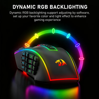 A black gaming mouse with dynamic RGB backlighting, featuring a multi-button layout, a red dragon logo, and a glowing rainbow light ring on a black background with promotional text.