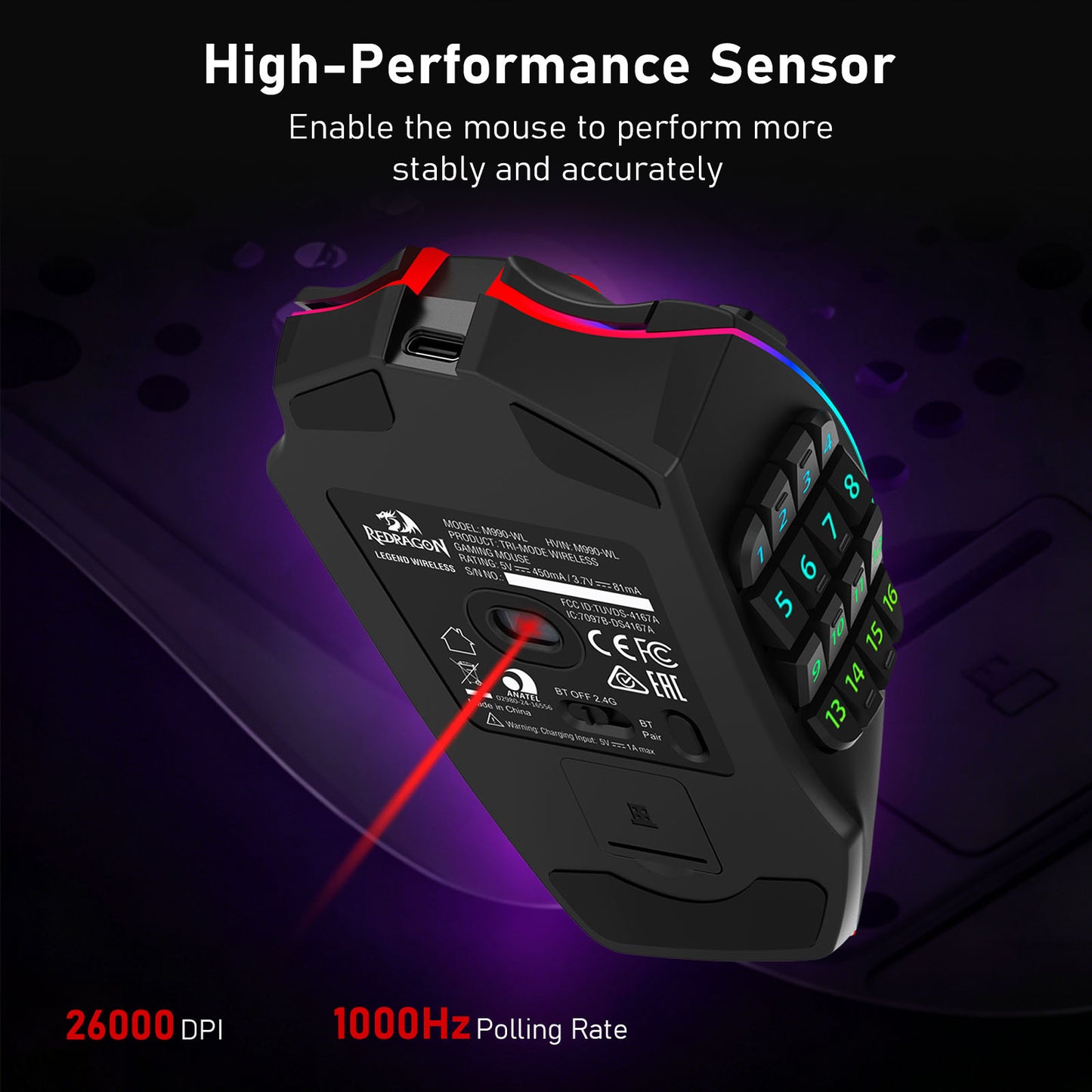 A black gaming mouse shown from the underside, highlighting the sensor area with a red laser pointer overlay and LED-lit numeric keypad. The image features promotional text reading 'High-Performance Sensor' and '26000 DPI 1000Hz Polling Rate' on a dark purple background.