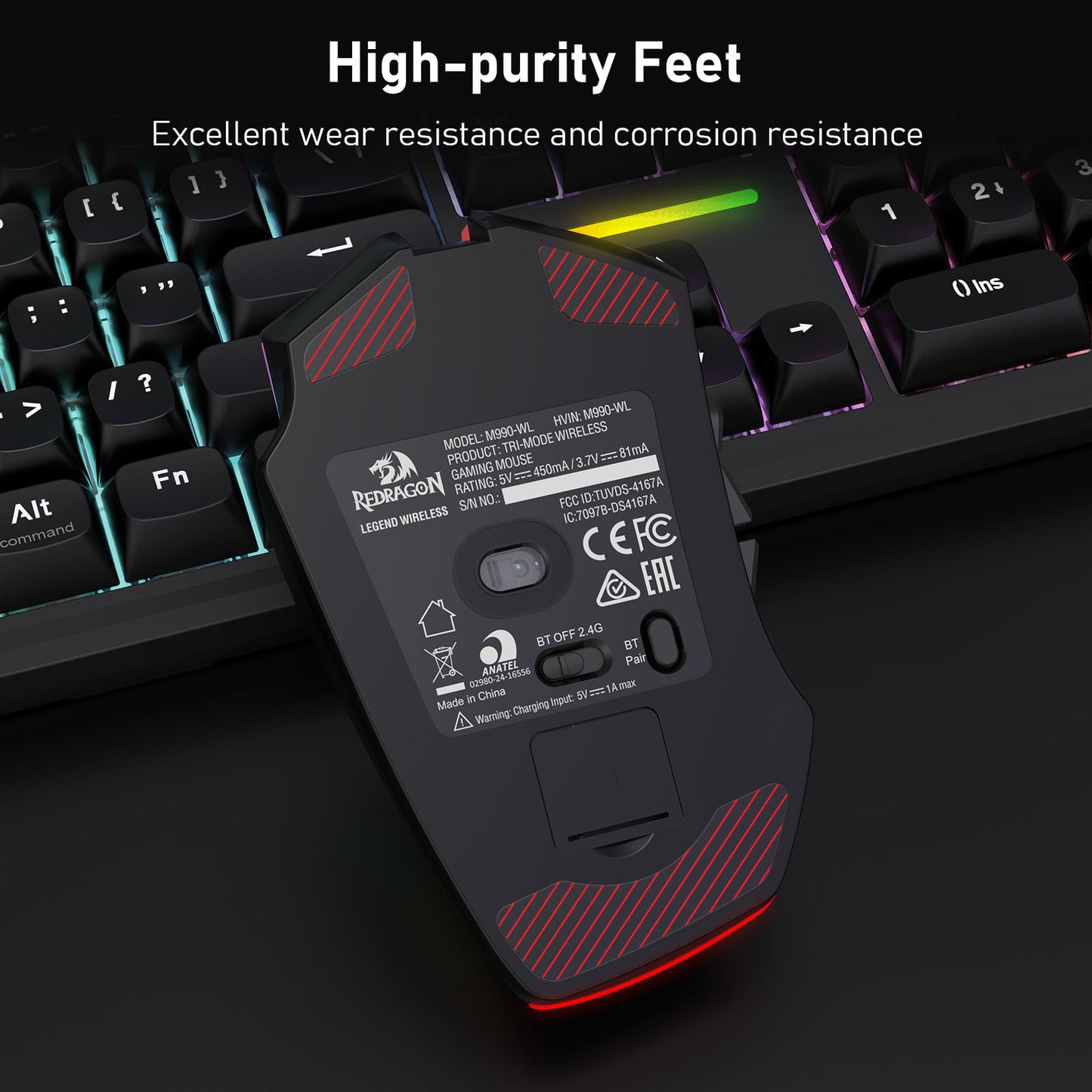 A black Lenovo Legion wireless gaming mouse shown from the underside, resting on a black keyboard with RGB backlighting. The image includes marketing text at the top: 'High-purity Feet' and 'Excellent wear resistance and corrosion resistance'.