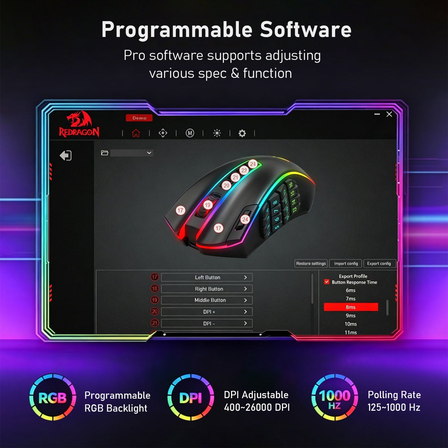 Promotional graphic for a ReDragon programmable gaming mouse software interface, showing a black gaming mouse with RGB lighting and customizable button settings on a dark background with neon accents and feature callouts.