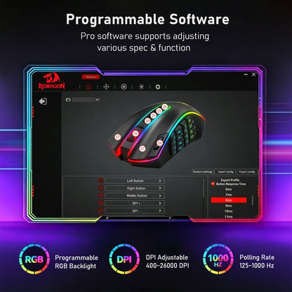 Promotional graphic for a ReDragon programmable gaming mouse software interface, showing a black gaming mouse with RGB lighting and customizable button settings on a dark background with neon accents and feature callouts.