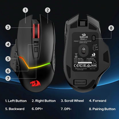 Redragon M690 MAX Wireless Gaming Mouse, Tri-Mode RGB Mice w/ 7 Macro Buttons, 12800 DPI, 400mAh Rechargeable Mouse for PC/Mac/Laptop