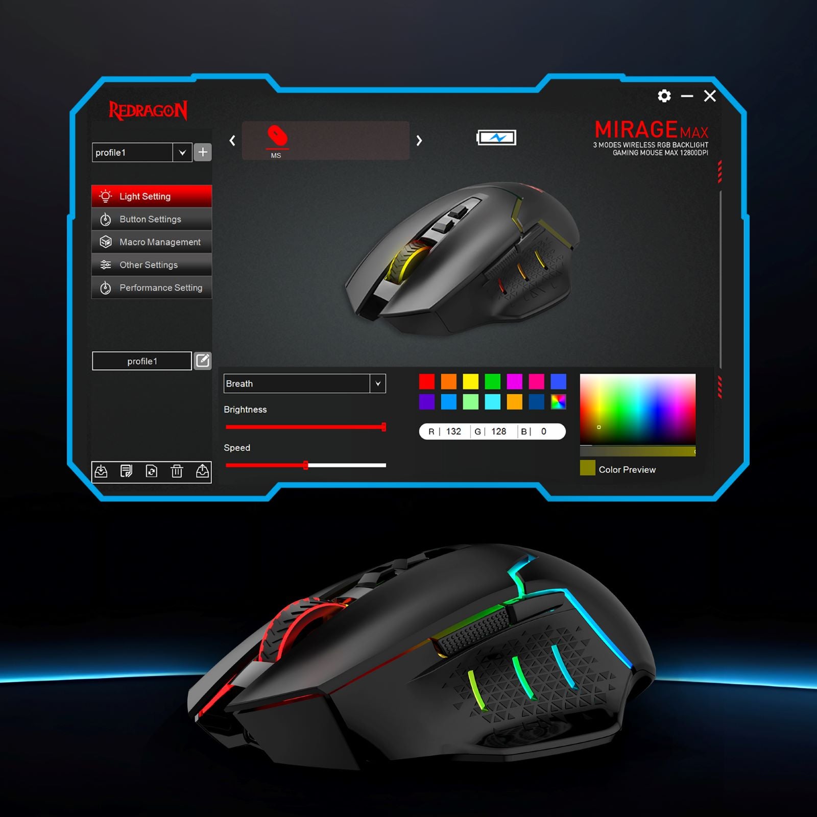 Redragon M690 MAX Wireless Gaming Mouse, Tri-Mode RGB Mice w/ 7 Macro Buttons, 12800 DPI, 400mAh Rechargeable Mouse for PC/Mac/Laptop