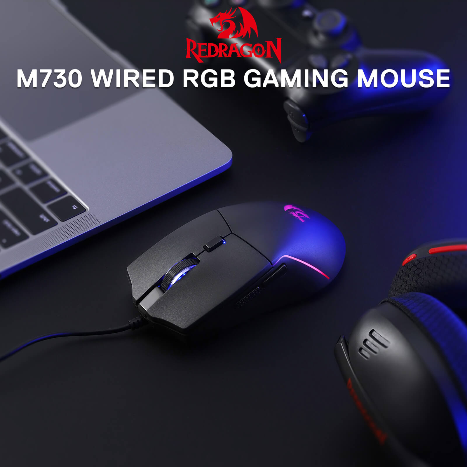 The Redragon M730 wired RGB gaming mouse is featured in a setup (with a laptop, controller, and headset), showcasing its sleek design and RGB lighting.
