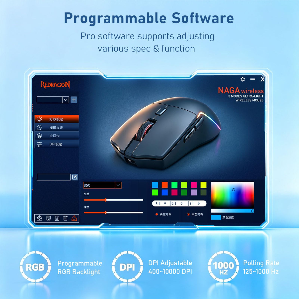 Redragon M730 PRO Wireless Lightweight RGB Gaming Mouse 10000 DPI
Cable-Free 0 Delay, Redefine Keybinding Macro, Vibing Backlight, Ergonomic Grip Body Comfort