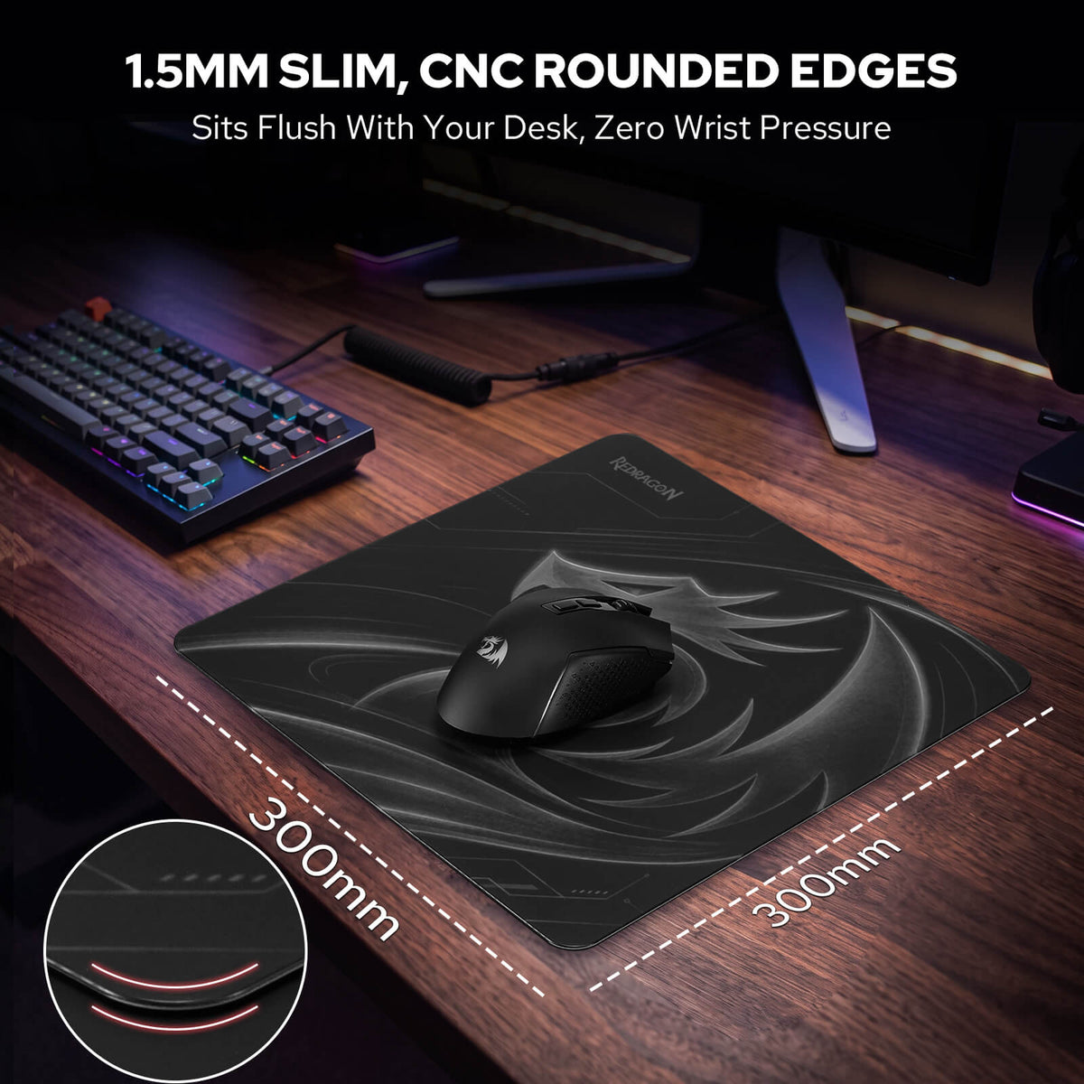 Redragon PG1M Glass Mouse Pad - 11.8 x 11.8 x 0.15 inches, Black