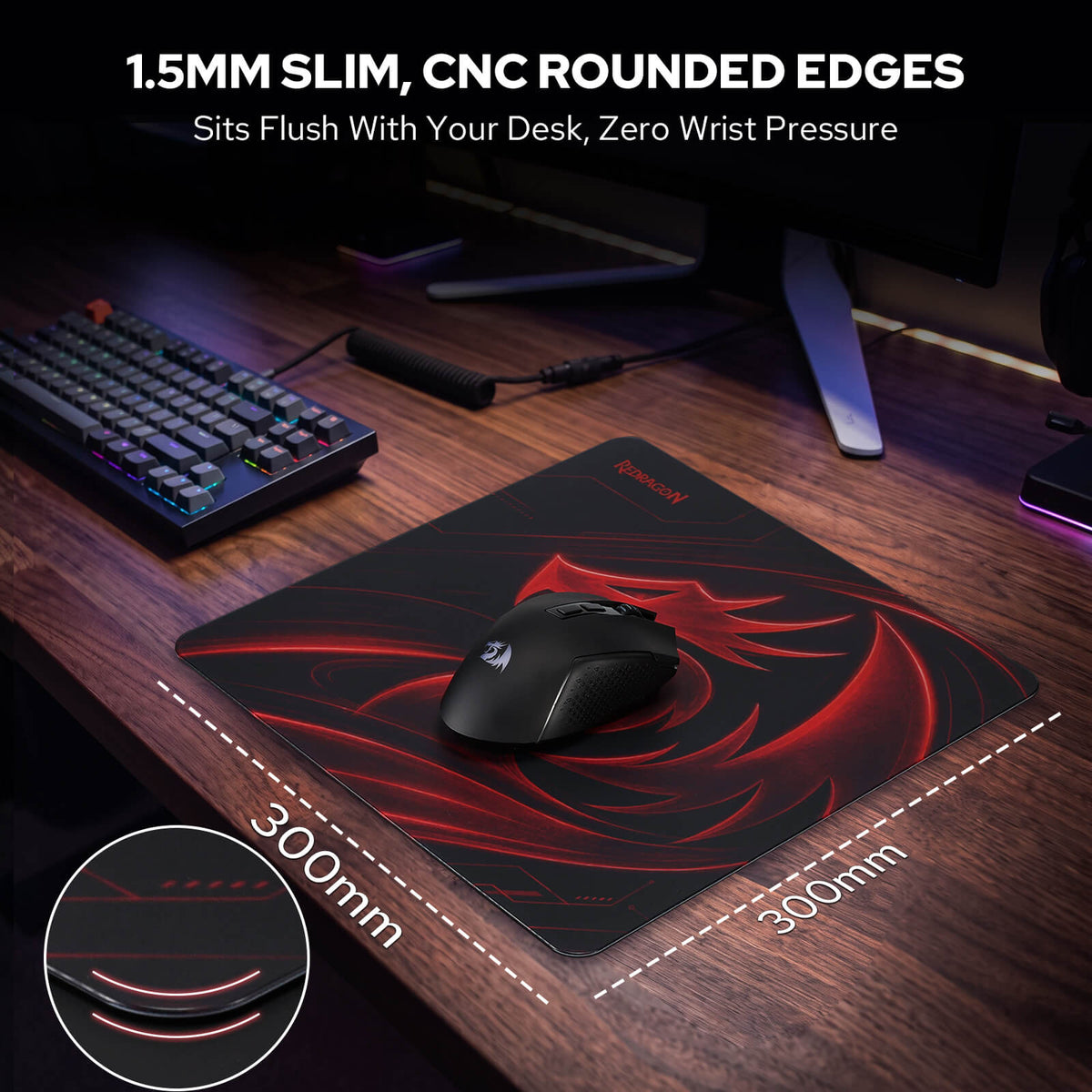Redragon PG1M Glass Mouse Pad - 11.8 x 11.8 x 0.15 inches, Black