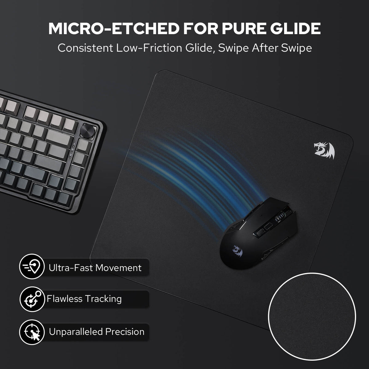 Redragon PG1M Glass Mouse Pad -  'Micro-etched for Pure Glide', 'Ultra-Fast Movement', 'Flawless Tracking', and 'Unparalleled Precision'.
