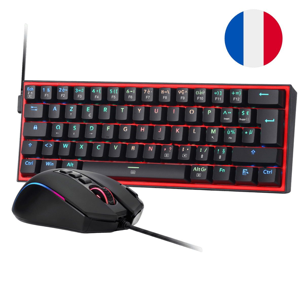  Redragon CB201  AZERTY Kabelgebunden Gaming‑Combo 60%‑Compact‑Layout Hot‑Swap RGB‑Modi, 5 DPI‑Stufen 8000 DPI, 11 programmierbare Maustasten, Makro‑Schnellfeuer‑Funktion, PRO‑Software