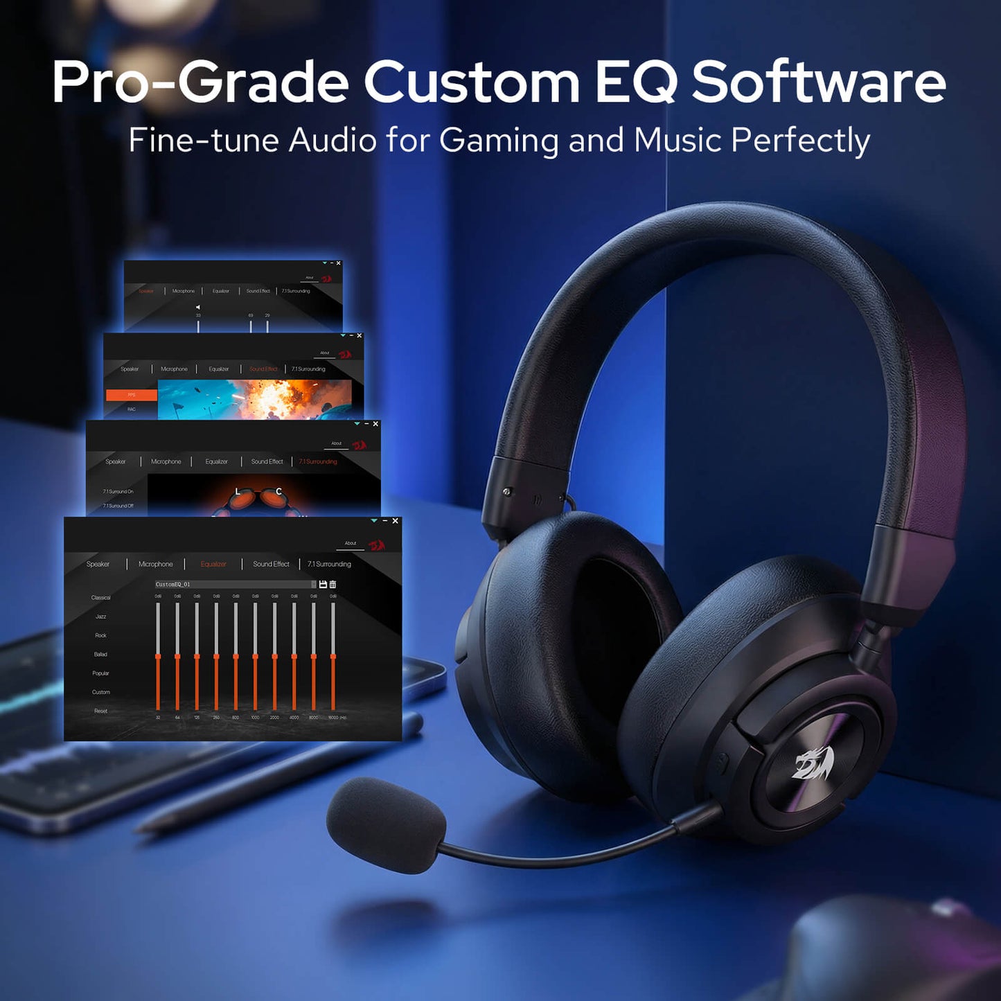 Redragon H889 Wireless Gaming Headset, 4 Connection Modes 2.4G/BT/3.5mm/USB, 53mm Drivers, Spatial Audio, 7.1 Surround Sound, Detachable Mic, Compatible with PC/PS5/PS4/NS/Xbox One/Phone 