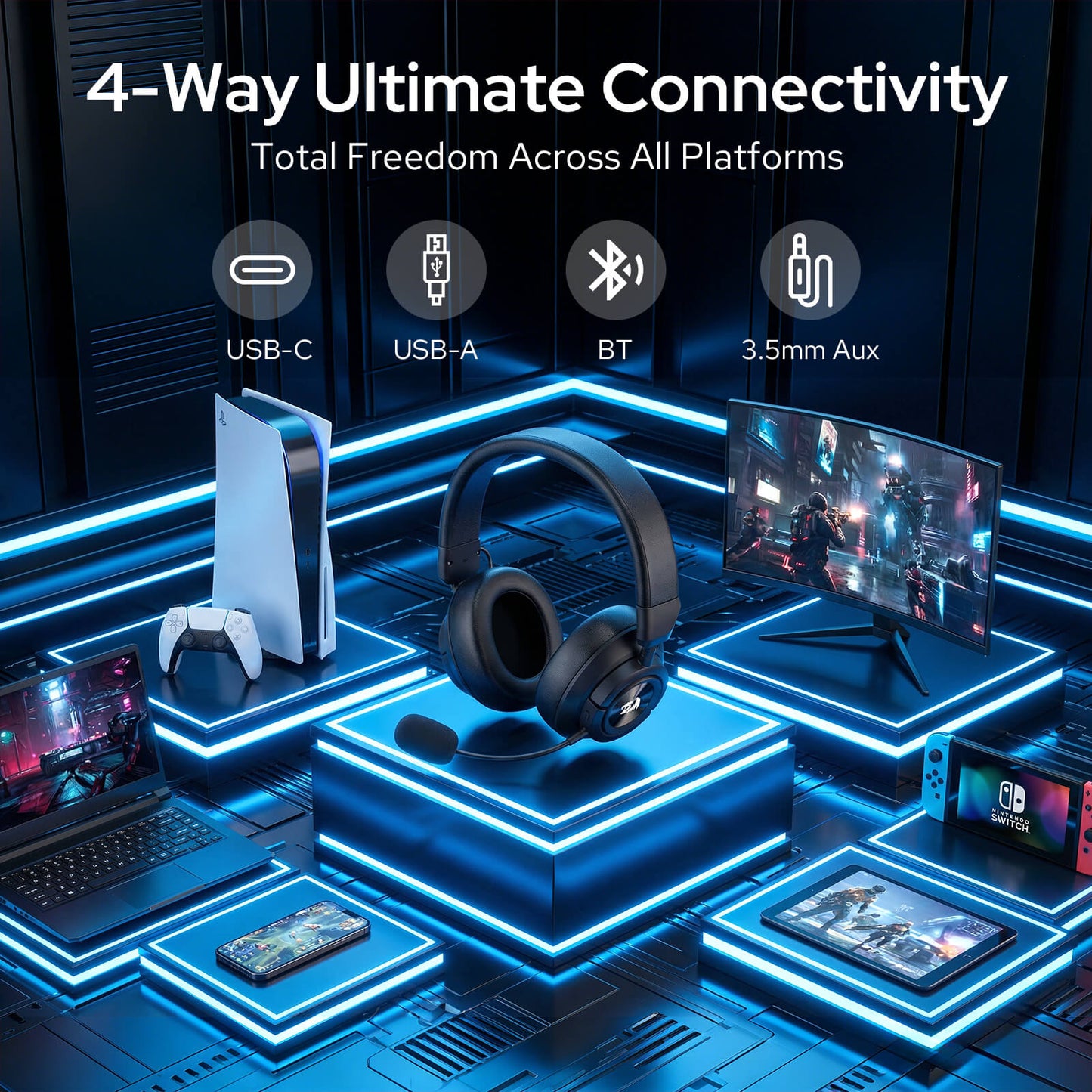 Redragon H889 Wireless Gaming Headset, 4 Connection Modes 2.4G/BT/3.5mm/USB, 53mm Drivers, Spatial Audio, 7.1 Surround Sound, Detachable Mic, Compatible with PC/PS5/PS4/NS/Xbox One/Phone 