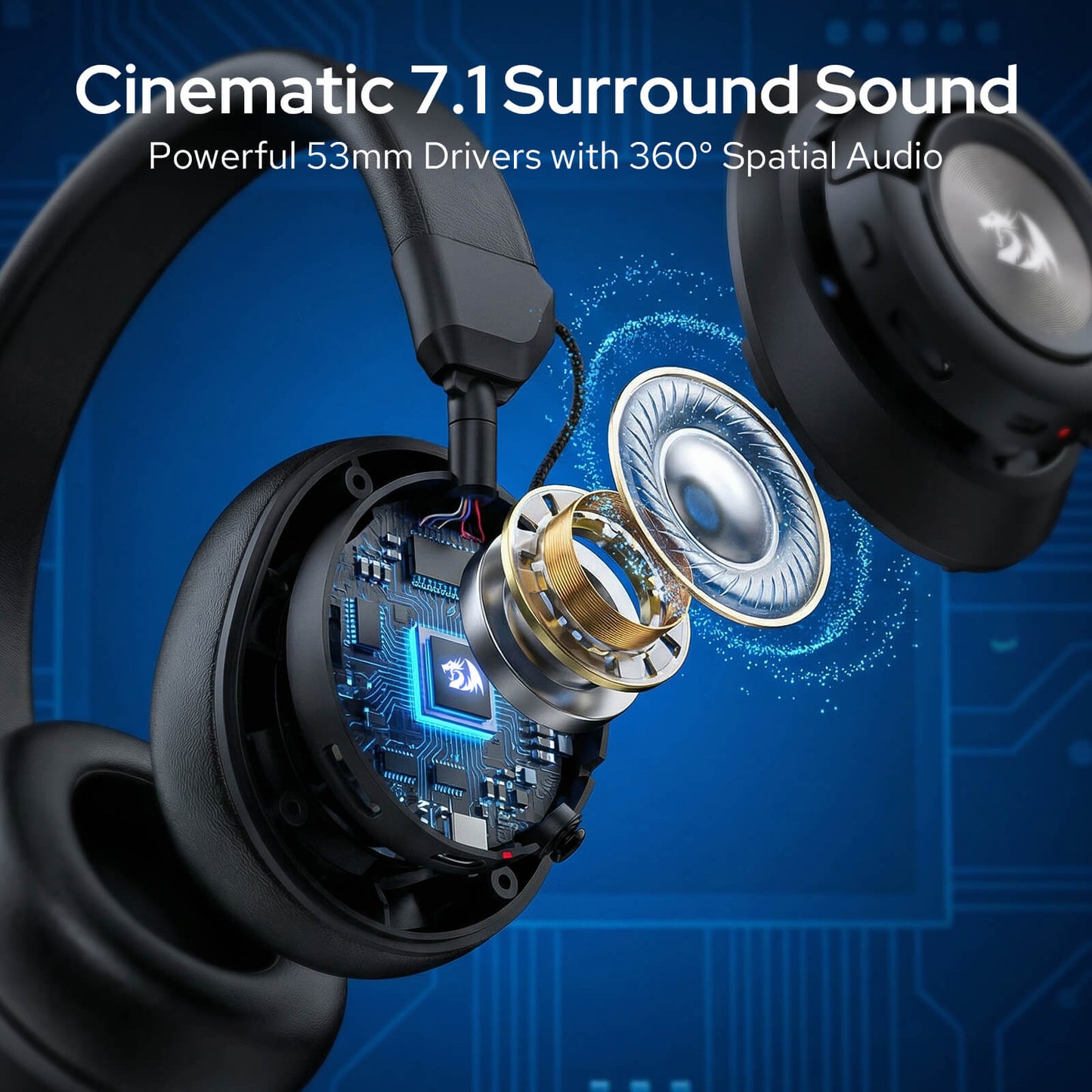 Redragon H889 Wireless Gaming Headset, 4 Connection Modes 2.4G/BT/3.5mm/USB, 53mm Drivers, Spatial Audio, 7.1 Surround Sound, Detachable Mic, Compatible with PC/PS5/PS4/NS/Xbox One/Phone 